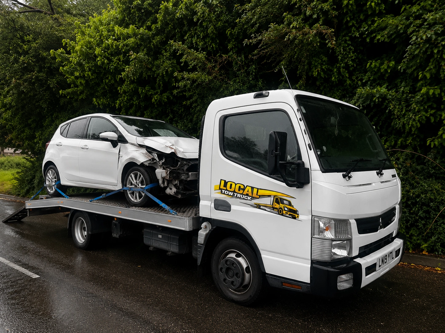 Flatbed recovery truck attending a breakdown in Bath