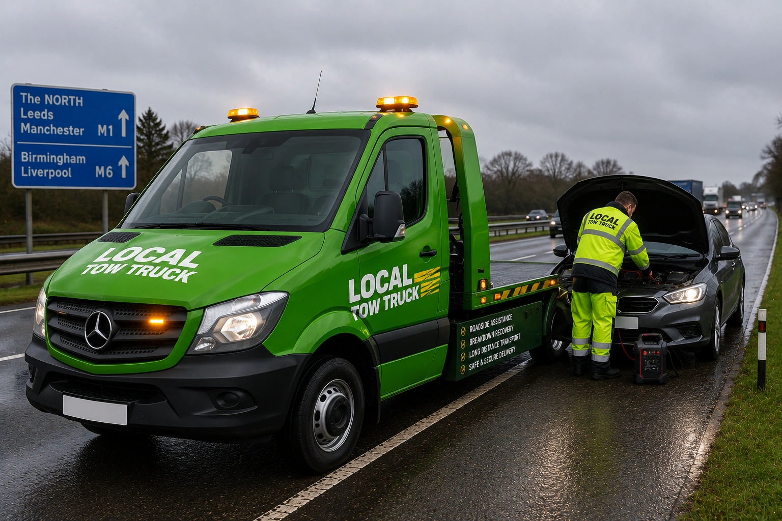 Local Tow Truck green sprinter roadside assistance and vehicle recovery