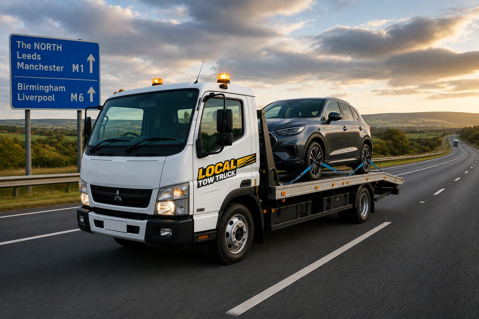 Flatbed recovery truck attending a breakdown in Cobham